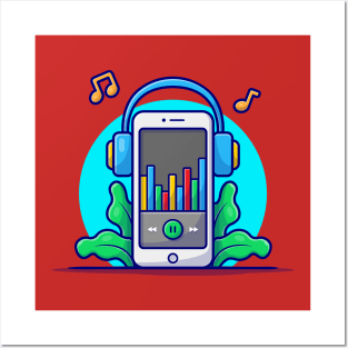 Online Music Player with Headphone and Tune and Note of Music Cartoon Vector Icon Illustration Posters and Art